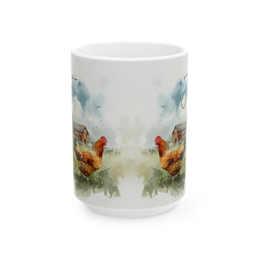 Mug with a farm scene featuring chickens and barns on a white background