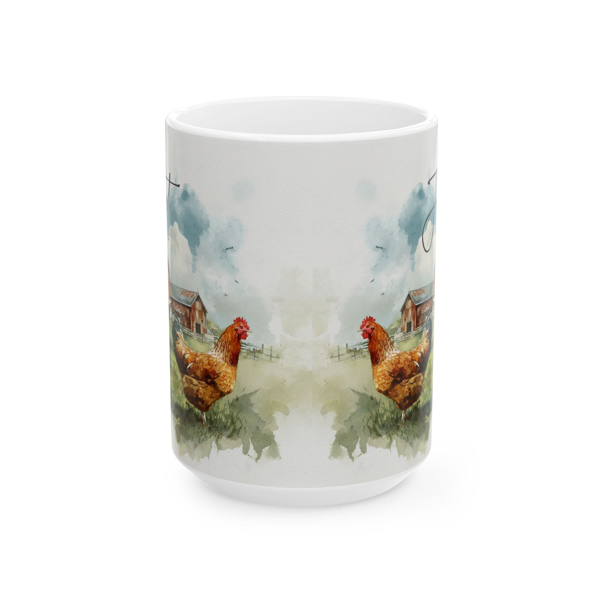 Mug with a farm scene featuring chickens and barns on a white background