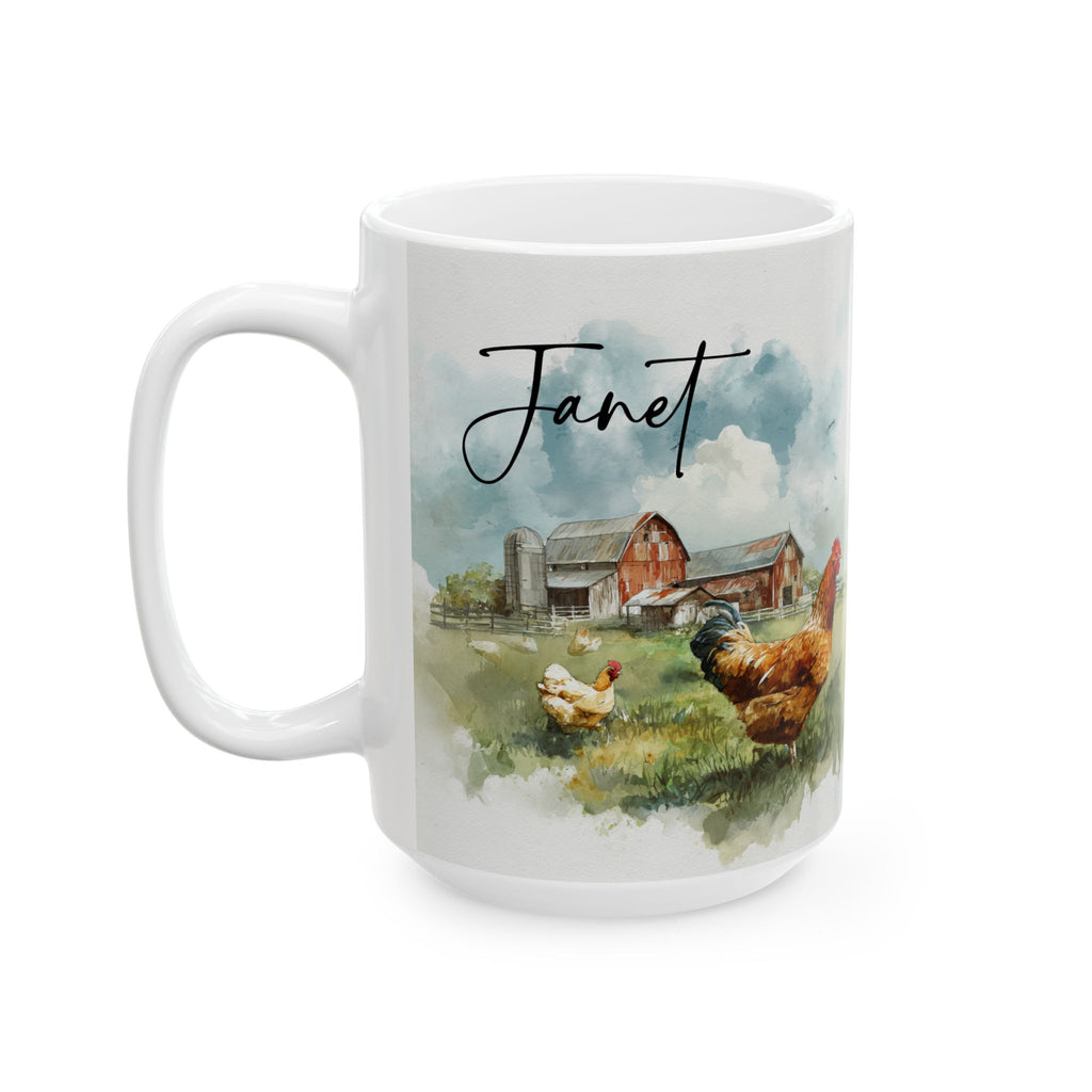 White mug with a farm scene and the name 'Janet' on a white background