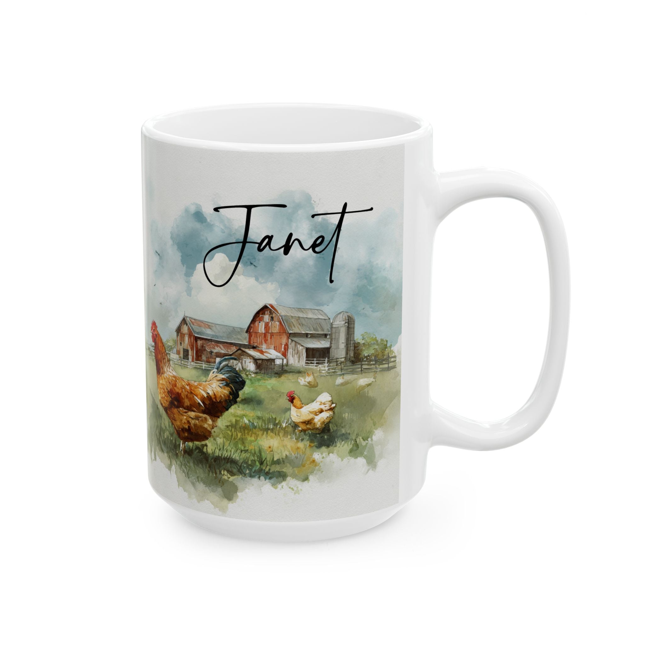 Mug with a farm scene and chickens on a white background