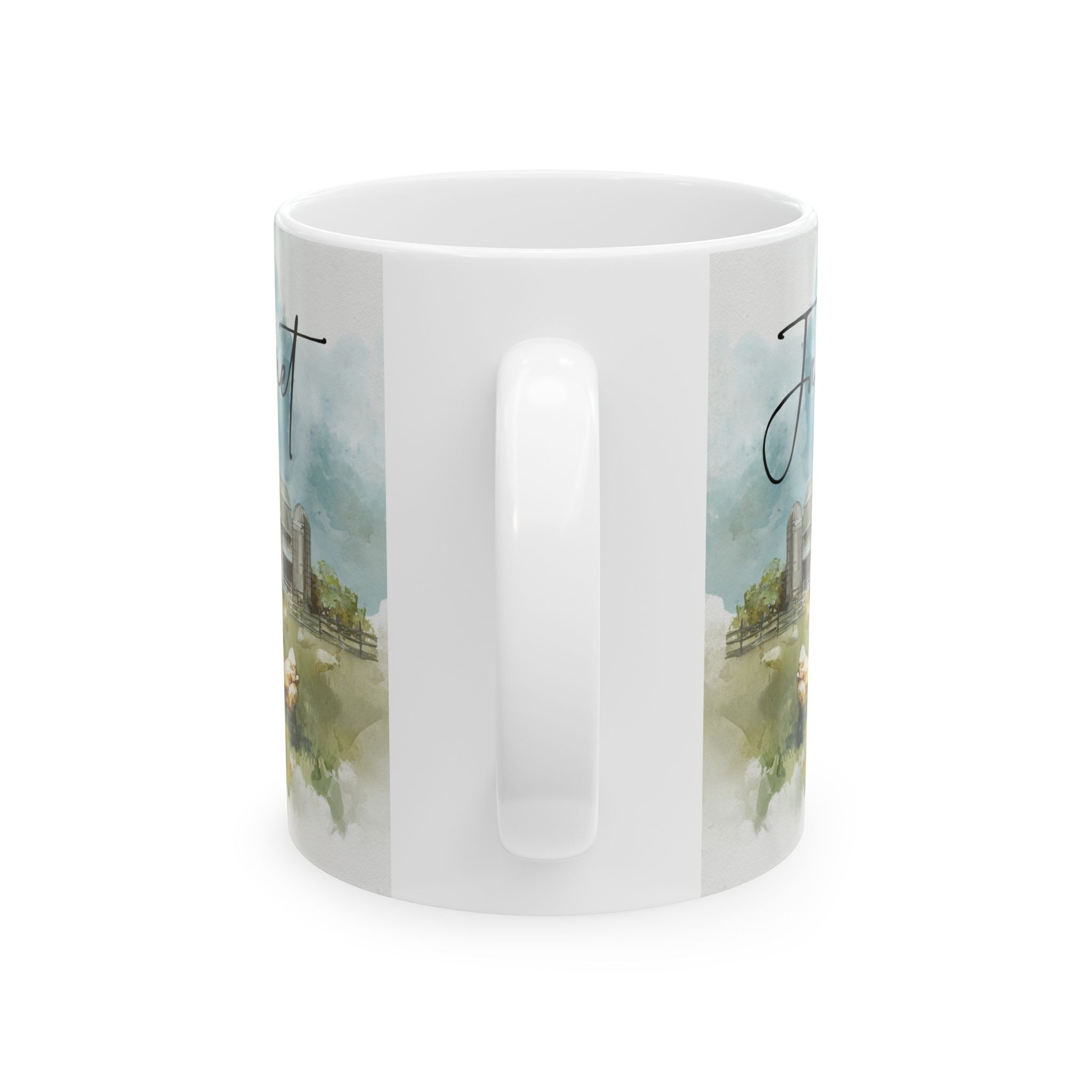 White mug with a scenic design of a field and trees, and a chicken on a white background