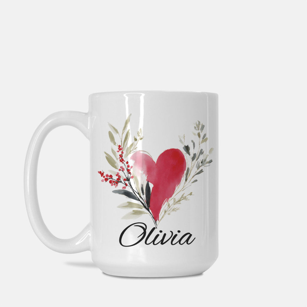 White mug with a red heart and green leaves design, featuring the name 'Olivia'.