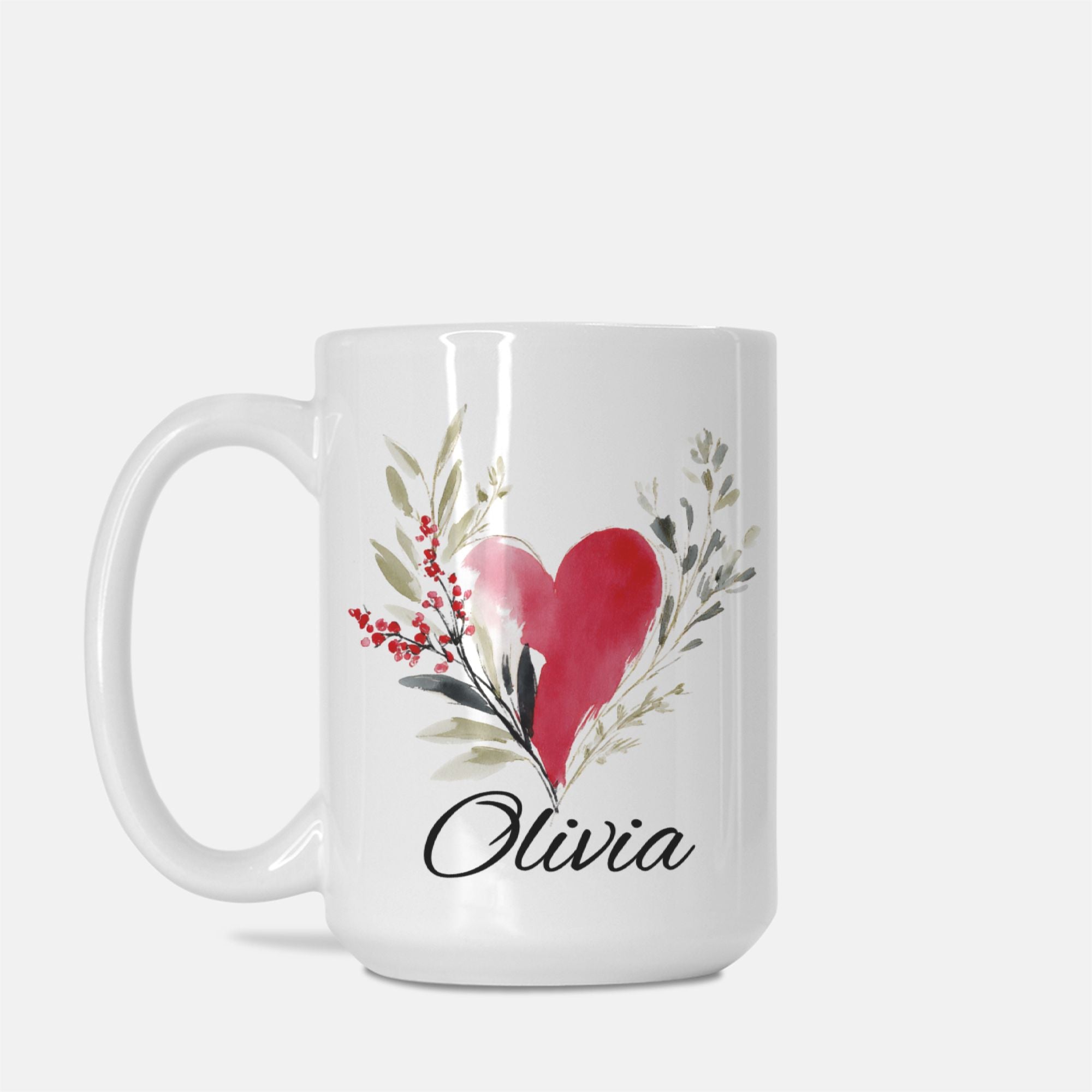 White mug with a red heart and green leaves design, featuring the name 'Olivia'.