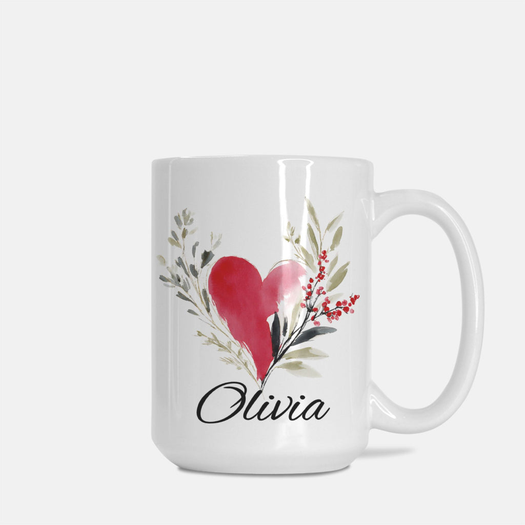 White mug with a red heart and floral design, featuring the name personalized 'Olivia'.