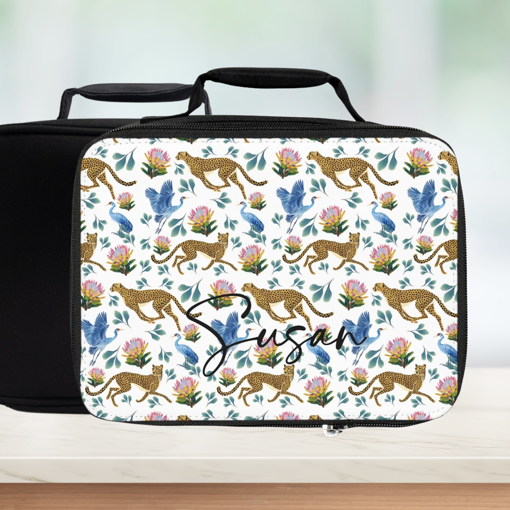 Floral and animal patterned lunch bag with 'Susan' personalized text on a light background