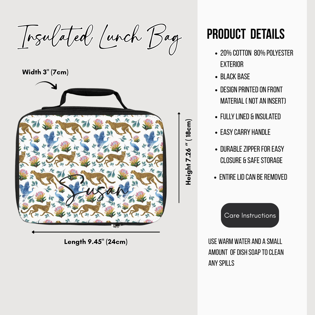 Insulated lunch bag with cheetah big cat pattern and product details on a white background