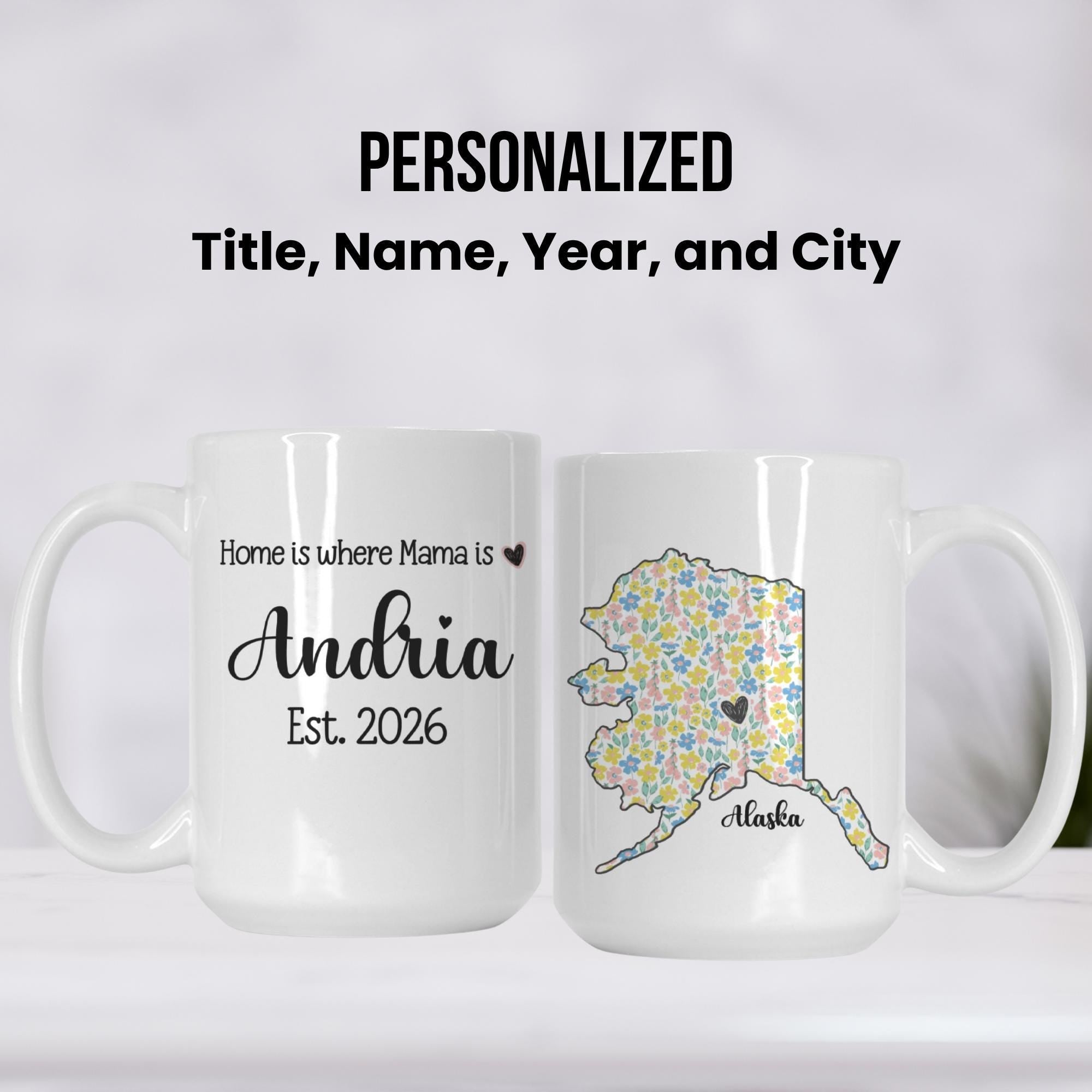 Two personalized mugs with Alaska map design and text on a white background