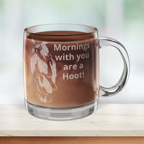 12oz round engraved glass mug with an owl design and custom text. 