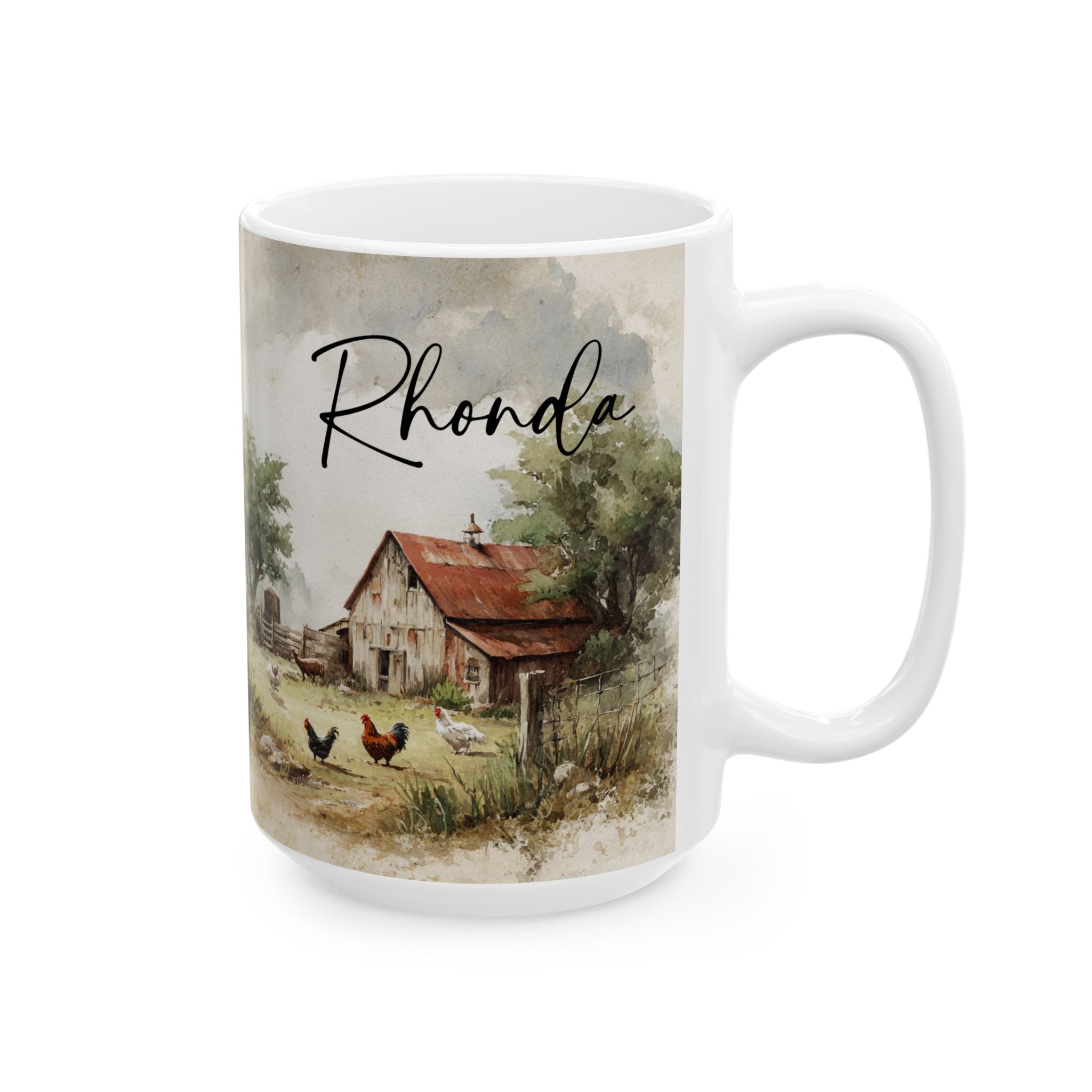 Mug with a farm scene and 'Rhonda' text on a white background