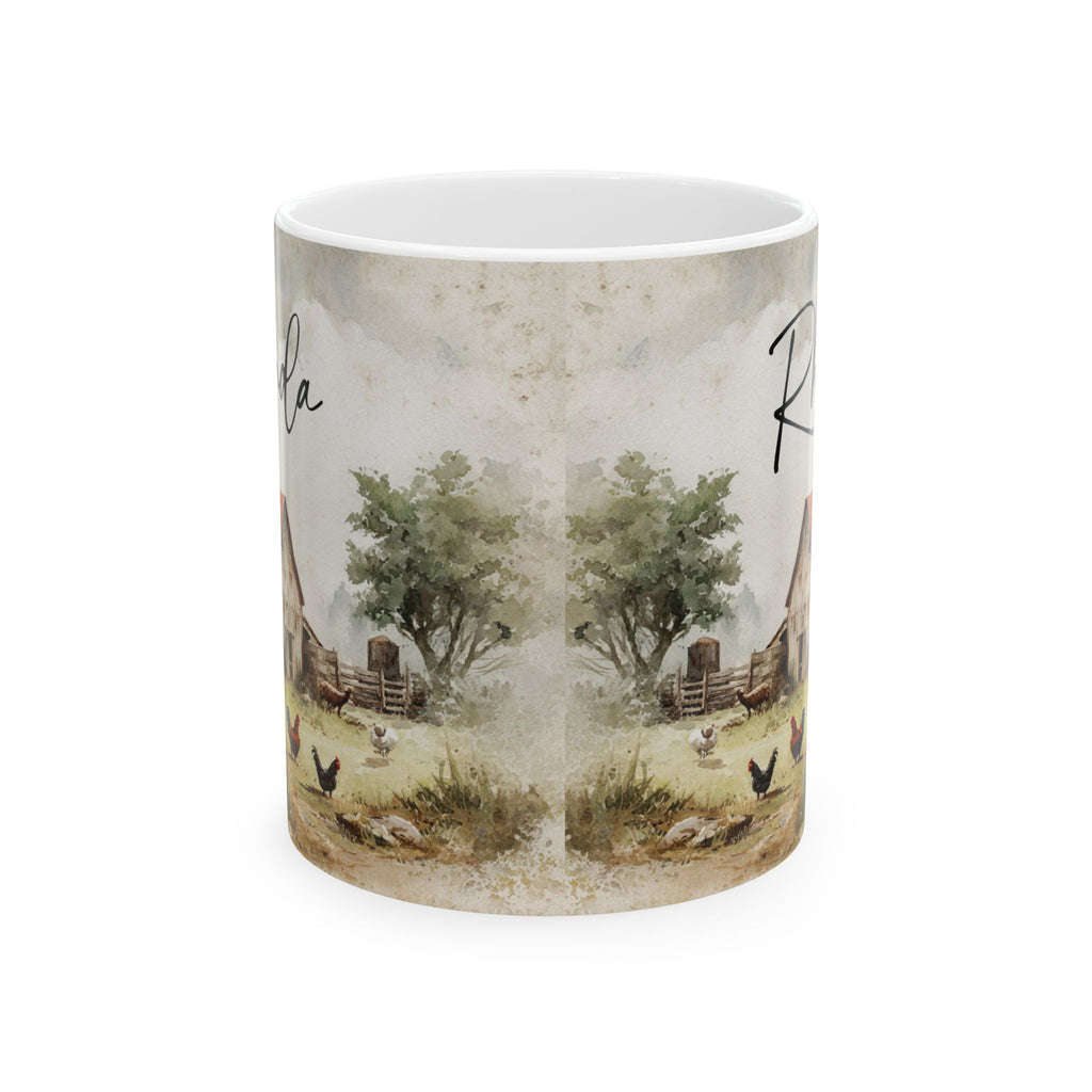 Mug with a scenic design of trees and animals on a white background
