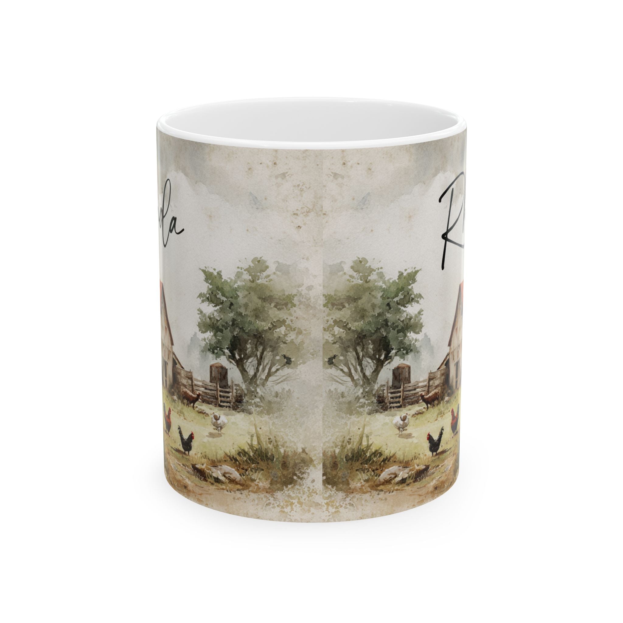 Mug with a scenic design of trees and animals on a white background