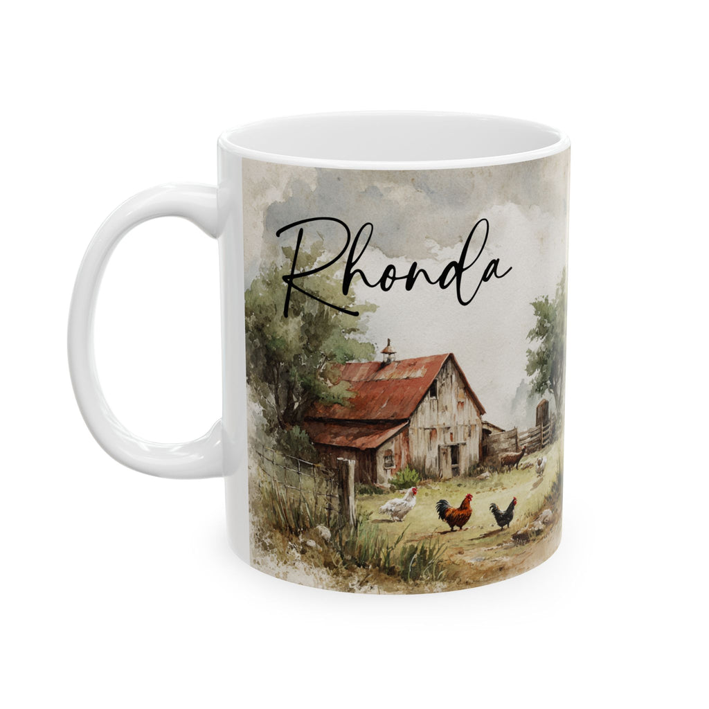 Mug with a rustic barn and chicken design, featuring the name 'Rhonda'.