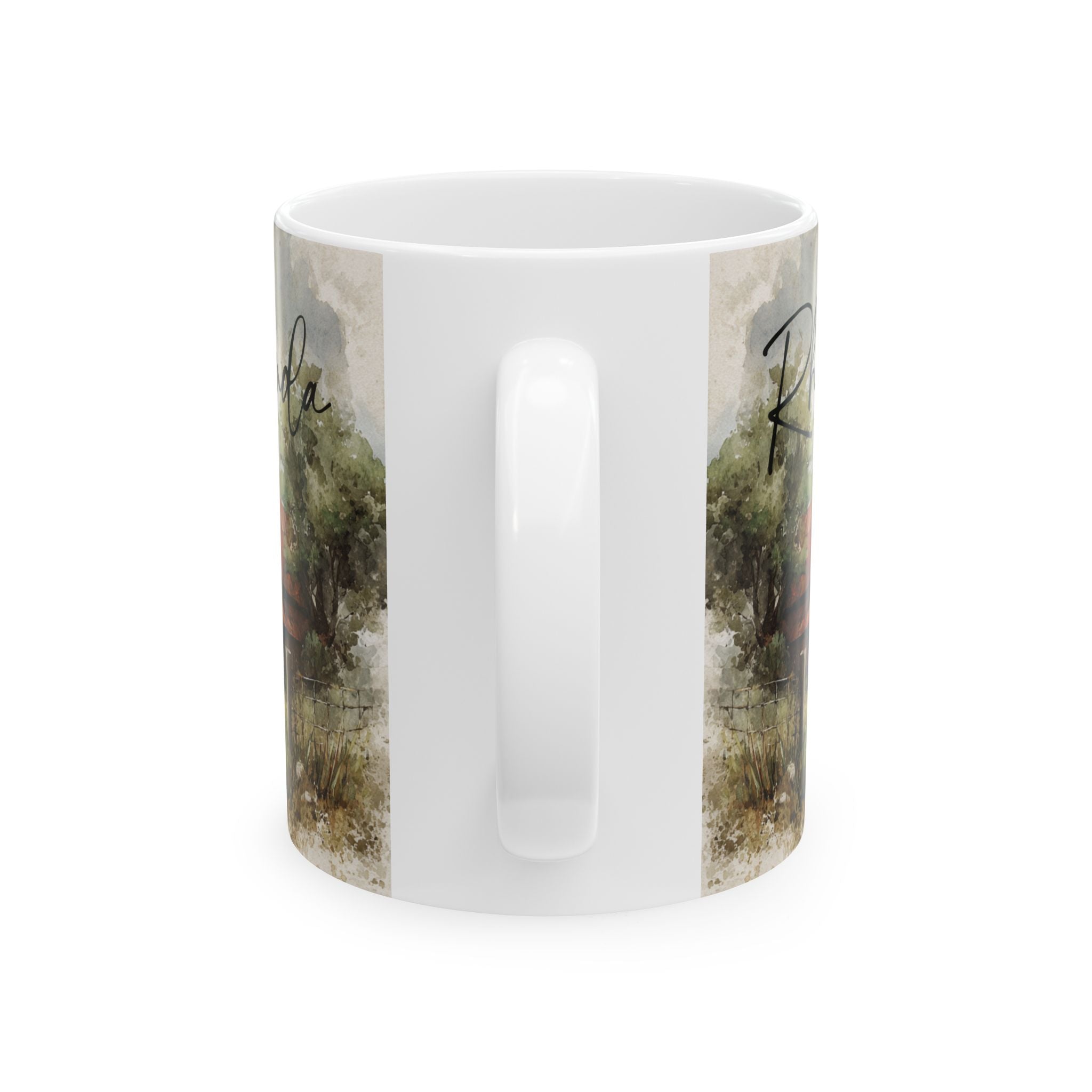 White mug with nature-themed design on a white background
