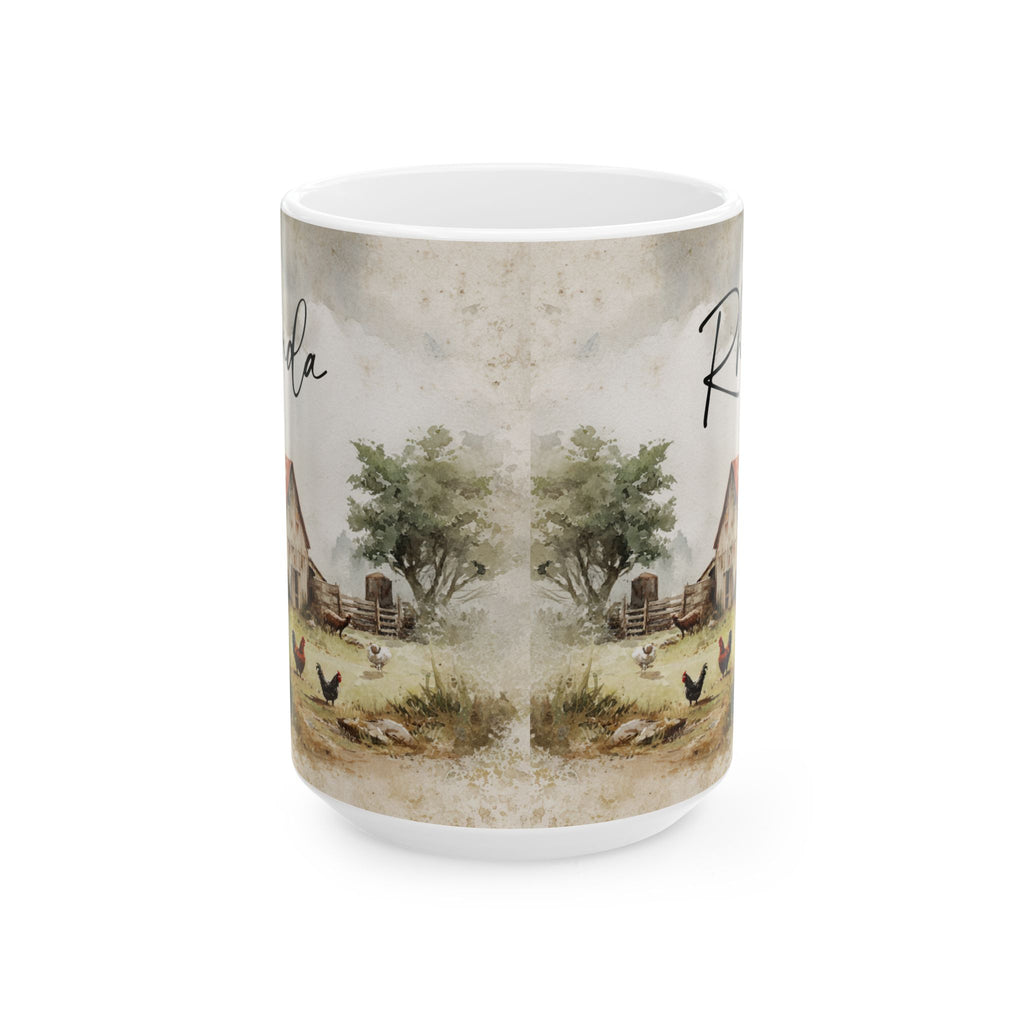 Mug with a scenic design of trees and animals on a white background