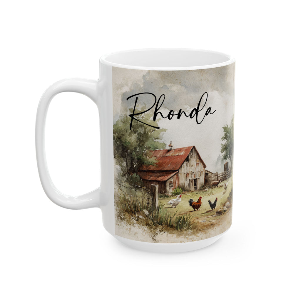 white 15oz mug with a rustic farm scene and personalized text on a white background
