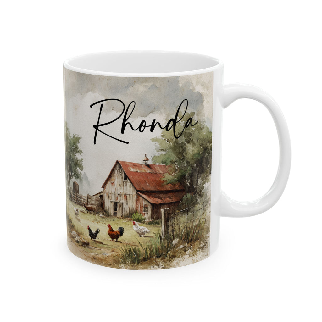 Mug with a farm scene and 'Rhonda' printed on it