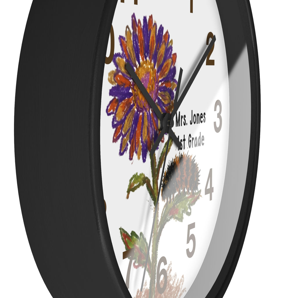 Side view wall clock with sunflower & caterpillar  design and text on a white background