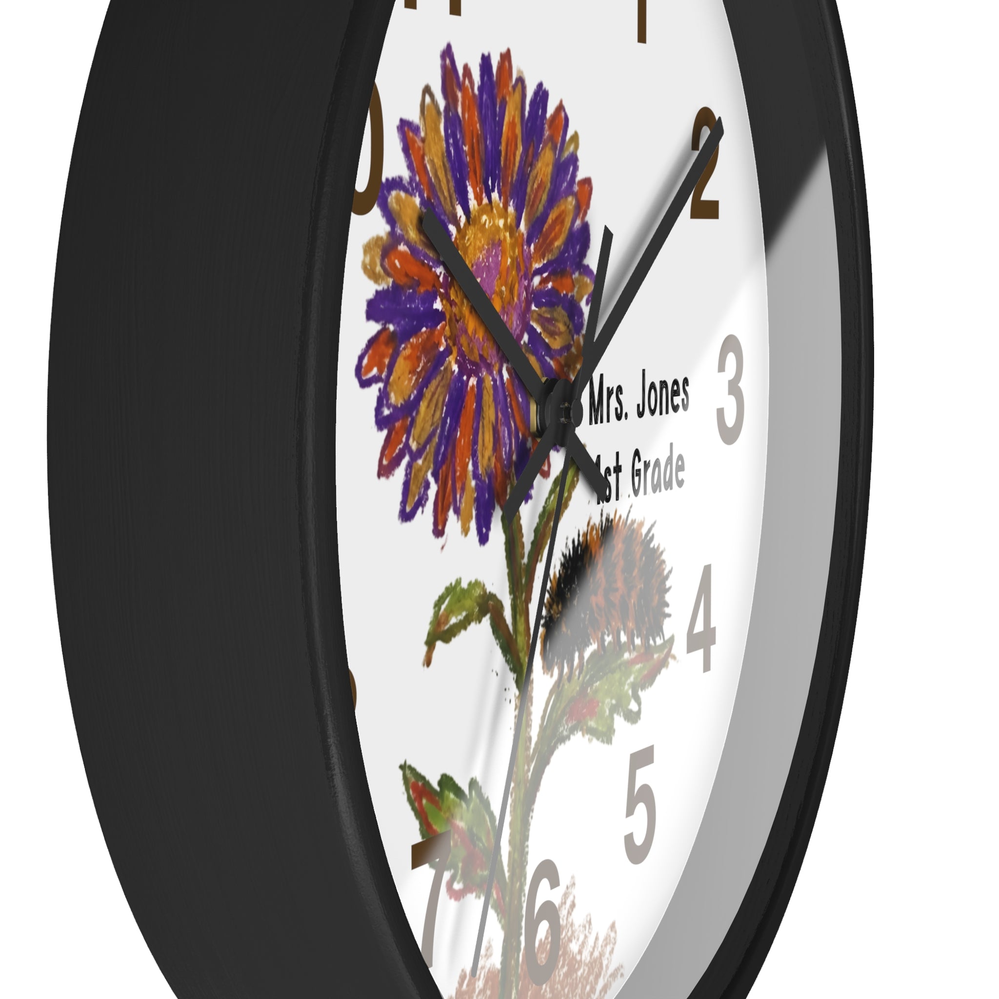Side view wall clock with sunflower & caterpillar  design and text on a white background