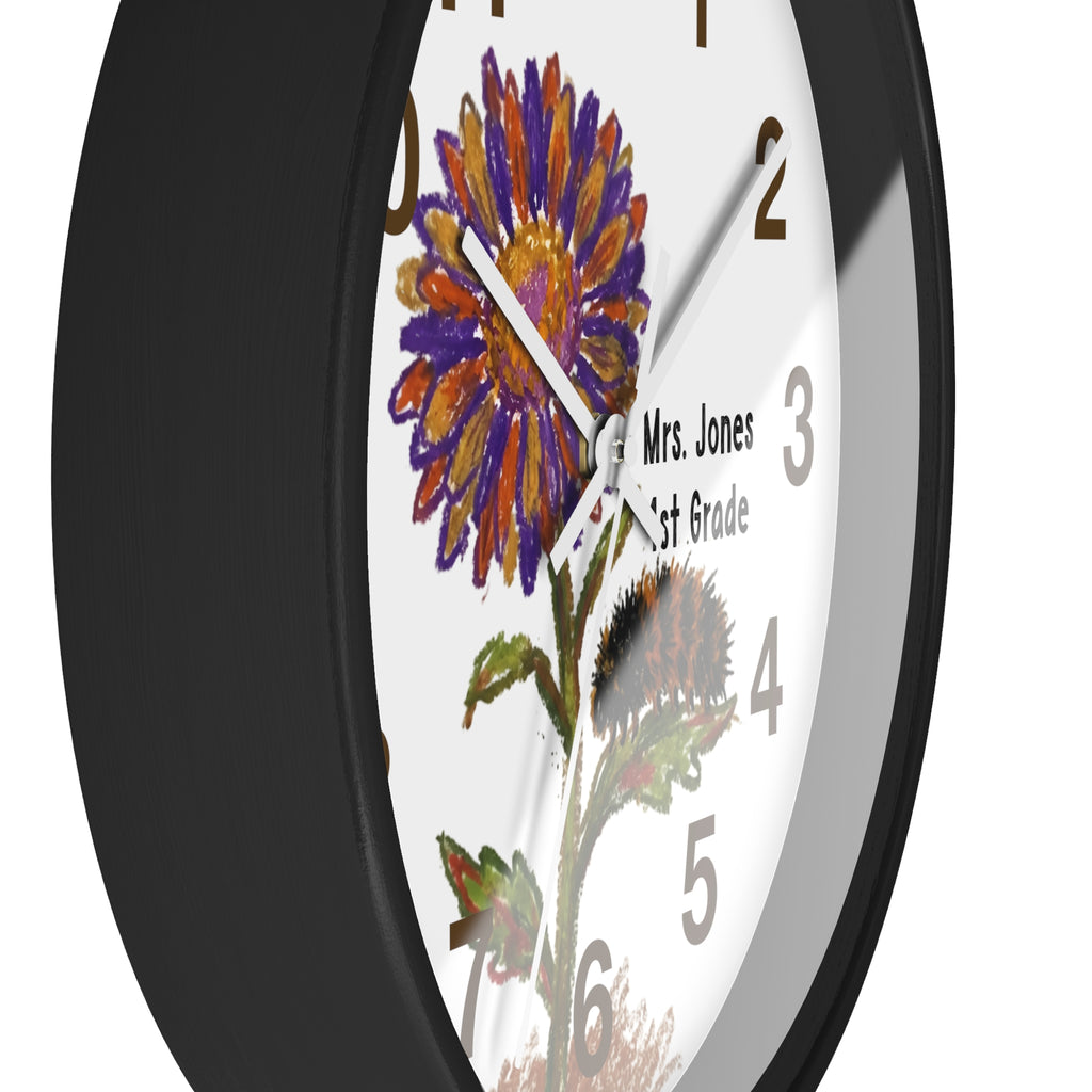 Wall clock with floral design and text on a white background