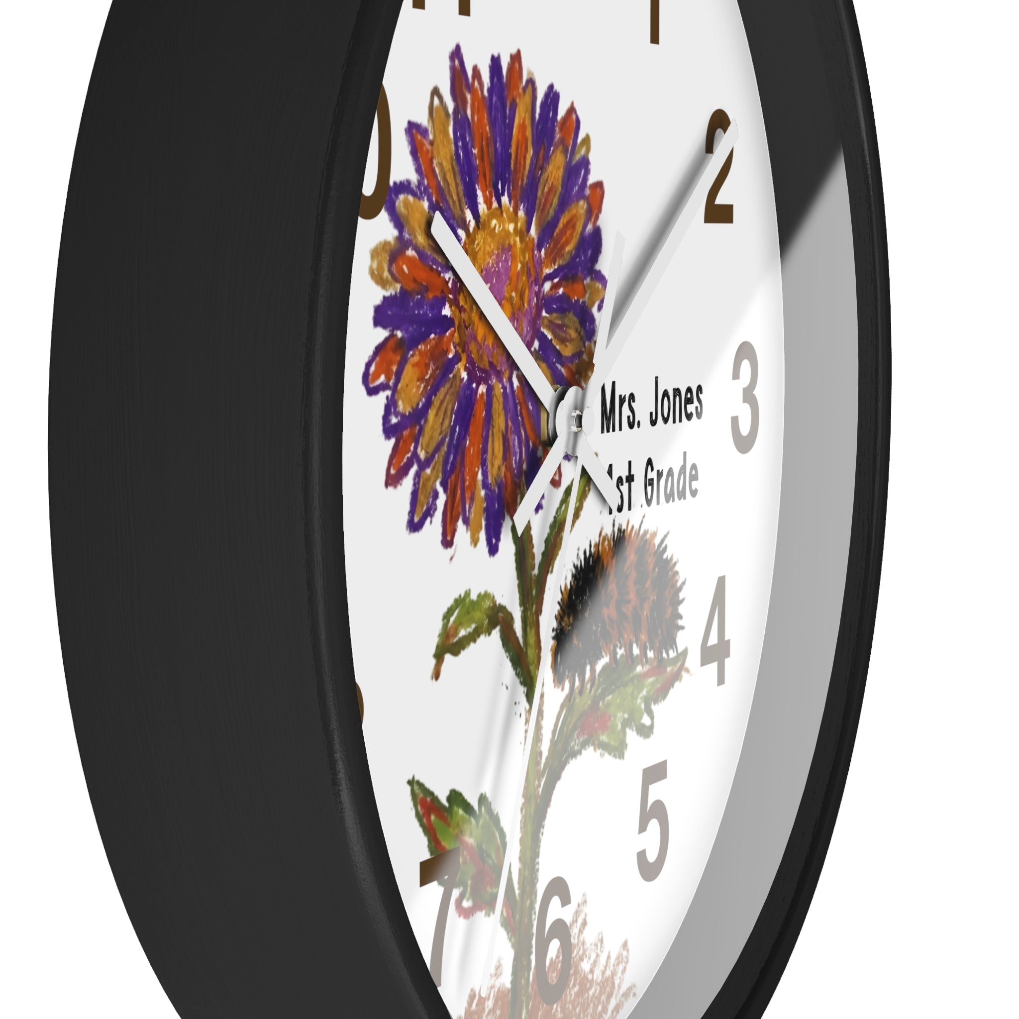 Wall clock with floral design and text on a white background