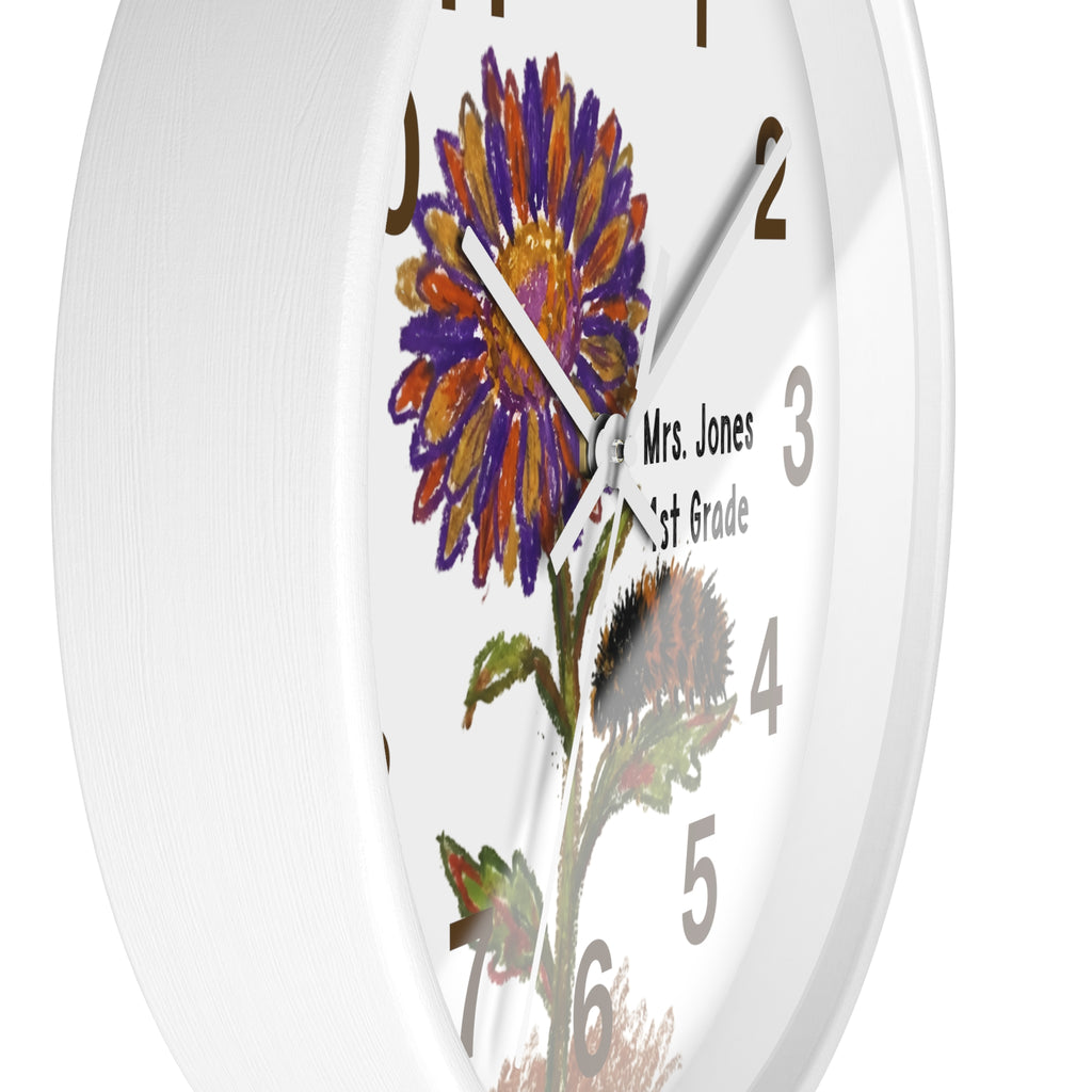 Wall clock with floral design and text on a white background
