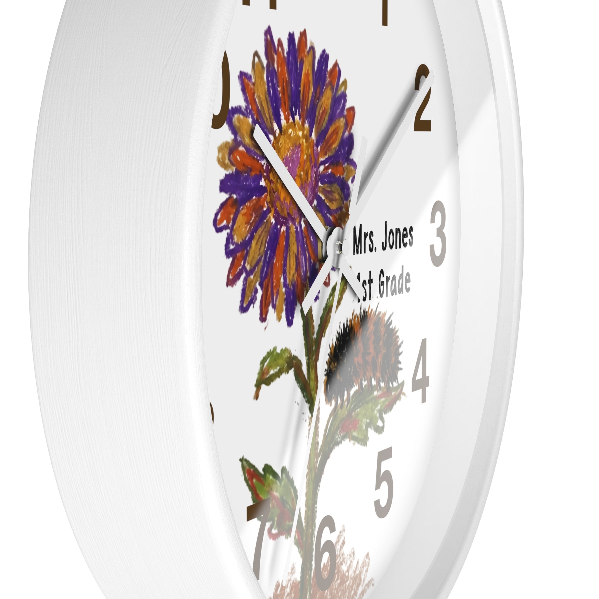 Wall clock with floral design and text on a white background