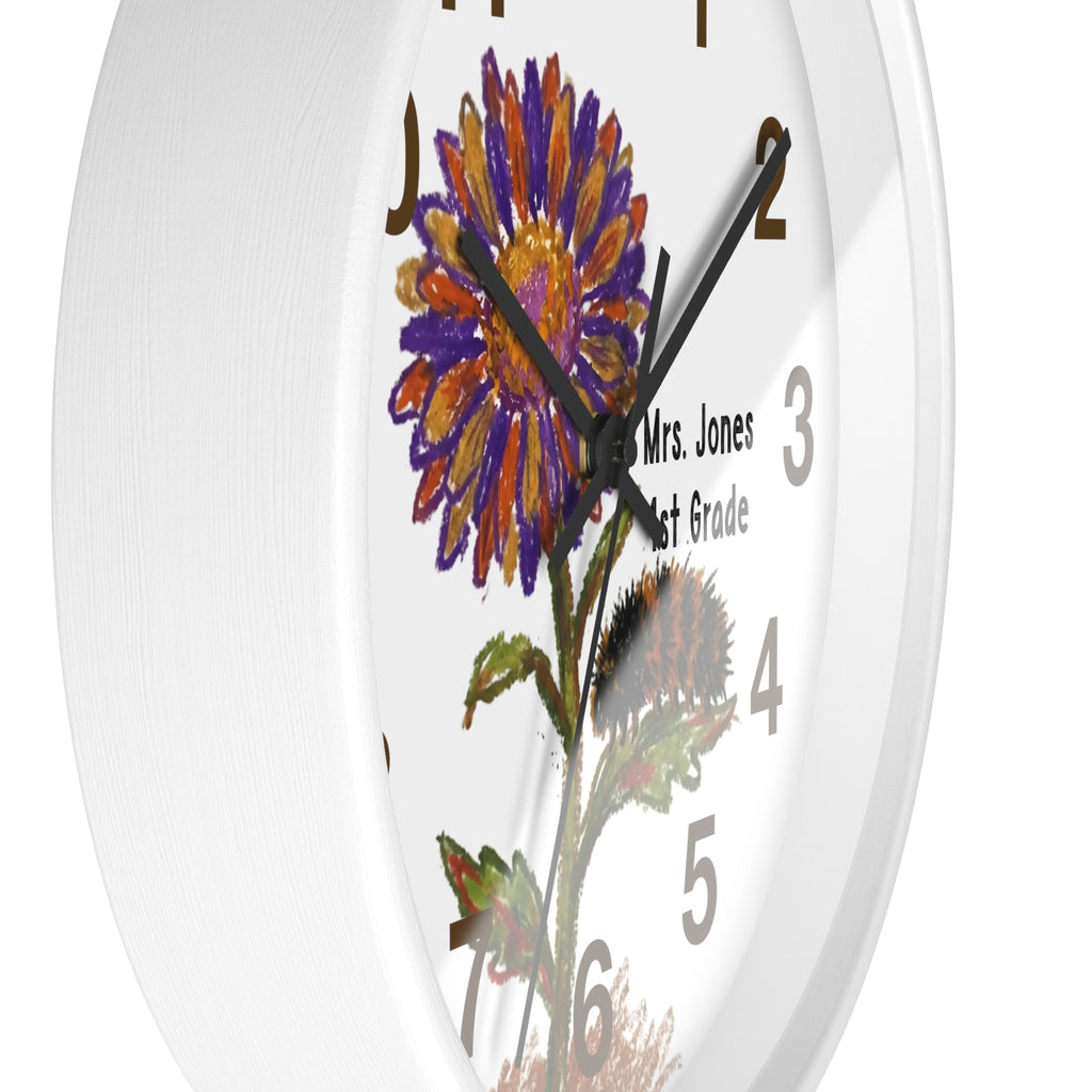 Wall clock with a floral design and text on a white background