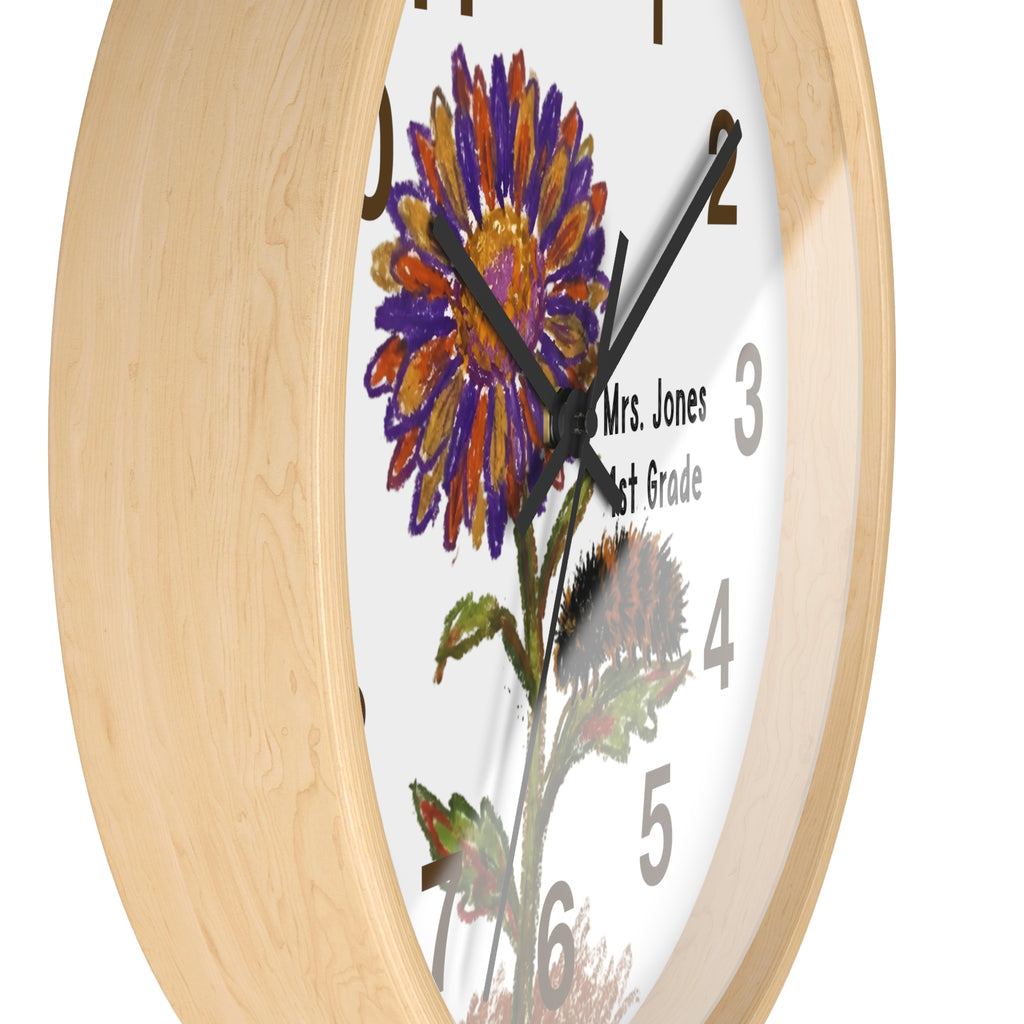 Wall clock with floral design and 'Mrs. Jones 1st Grade' text on a white background