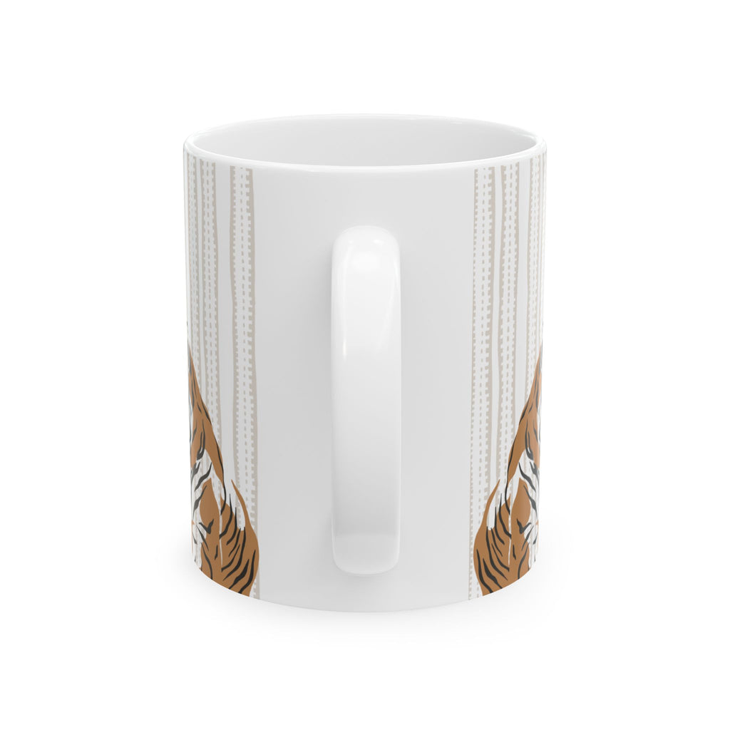 Back handle side of a 11oz white mug with tiger stripe pattern on a white background