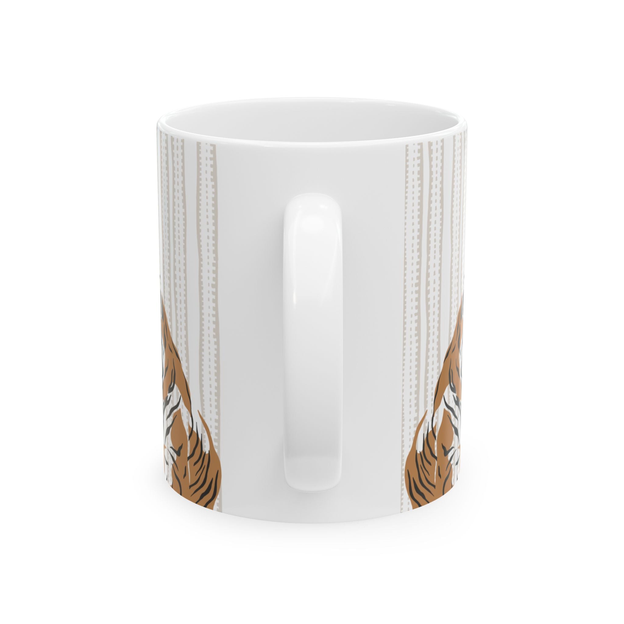 Back handle side of a 11oz white mug with tiger stripe pattern on a white background