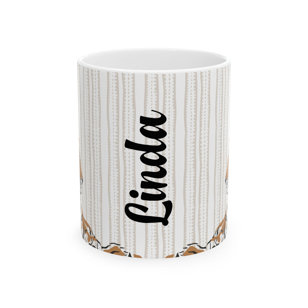 White textured mug with 'Linda' printed on it against a white background
