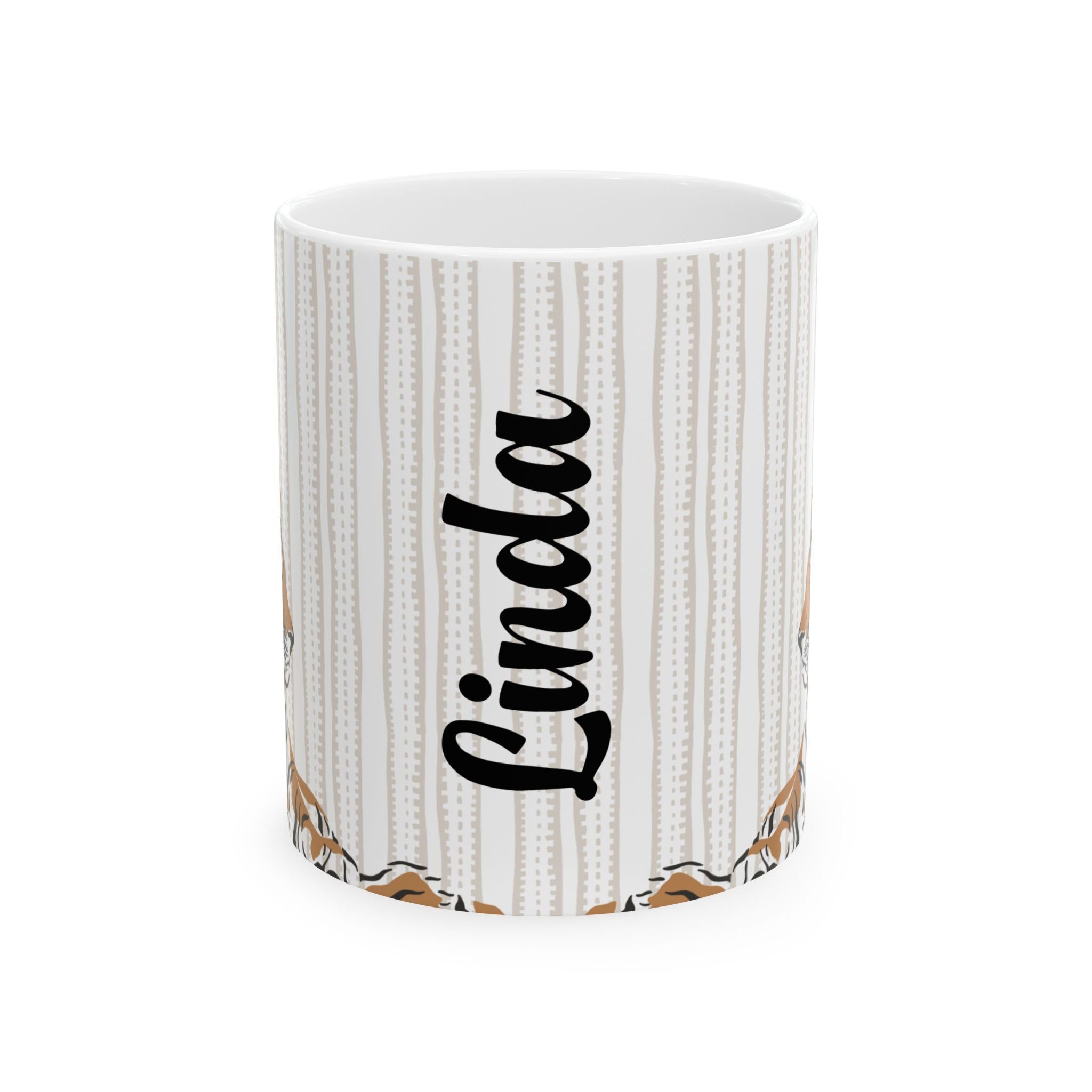 White textured mug with 'Linda' printed on it against a white background