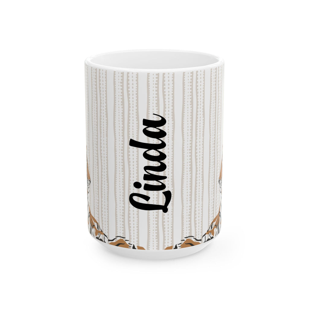 Front of 15 oz ceramic mug with 'Linda' printed on it against a white background