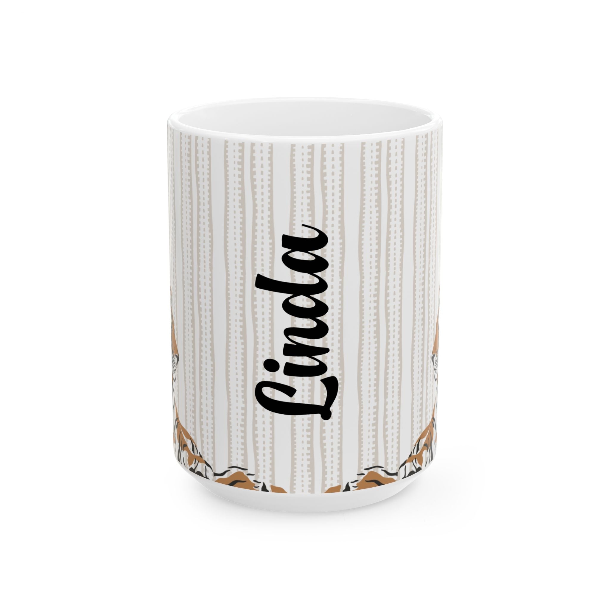 Front of 15 oz ceramic mug with 'Linda' printed on it against a white background