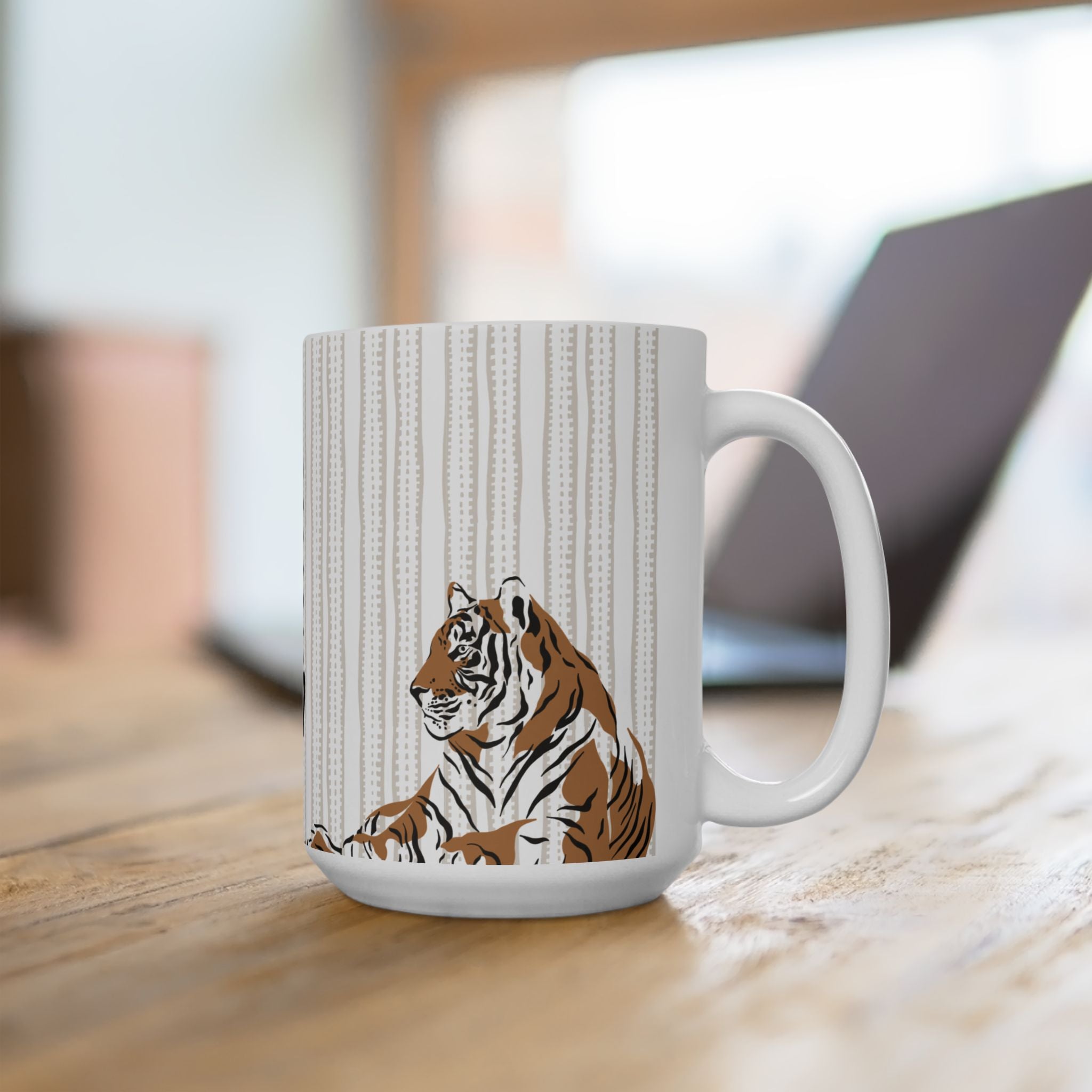 White 15oz mug with a tiger design on a wooden surface