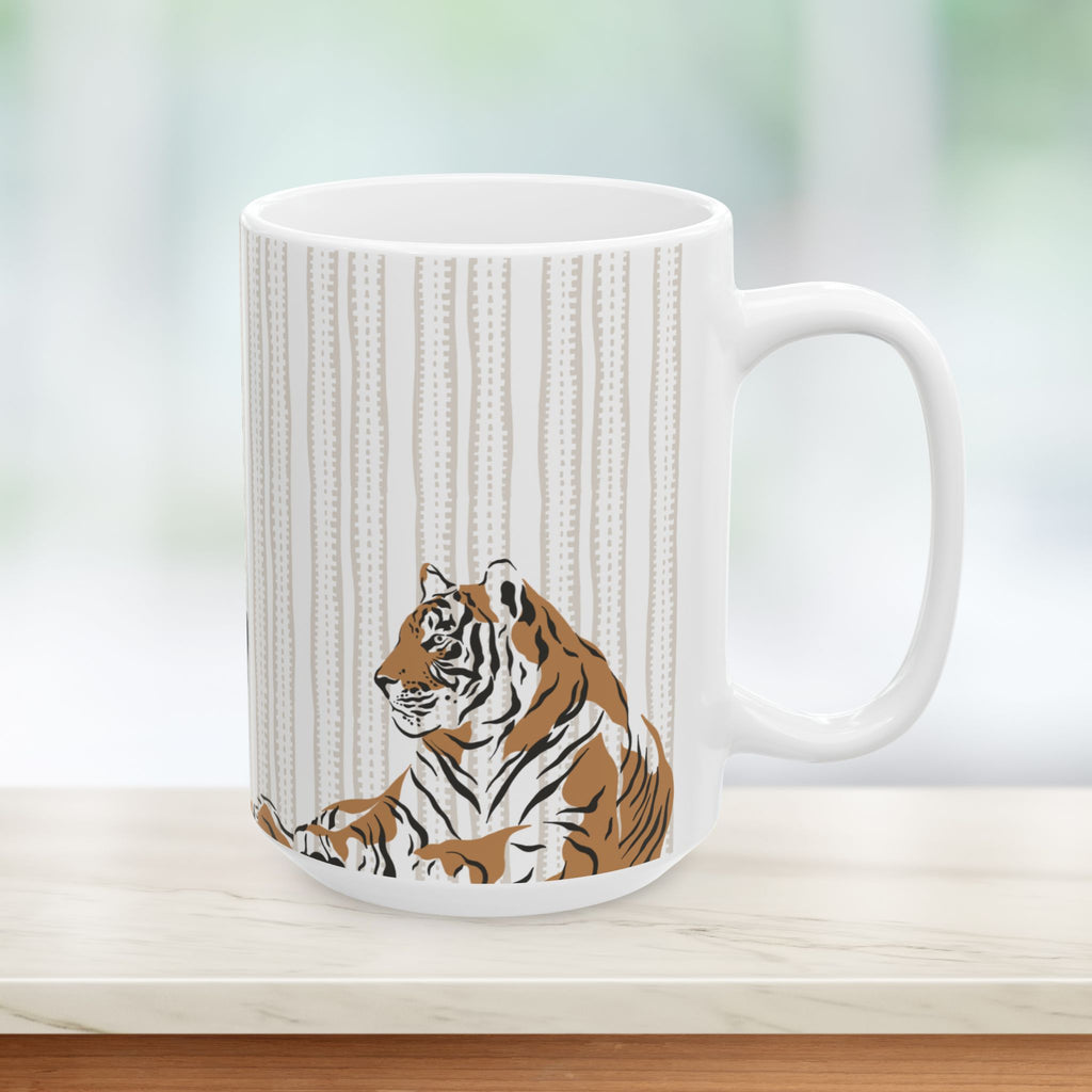 White 15oz mug with a tiger design on a white background