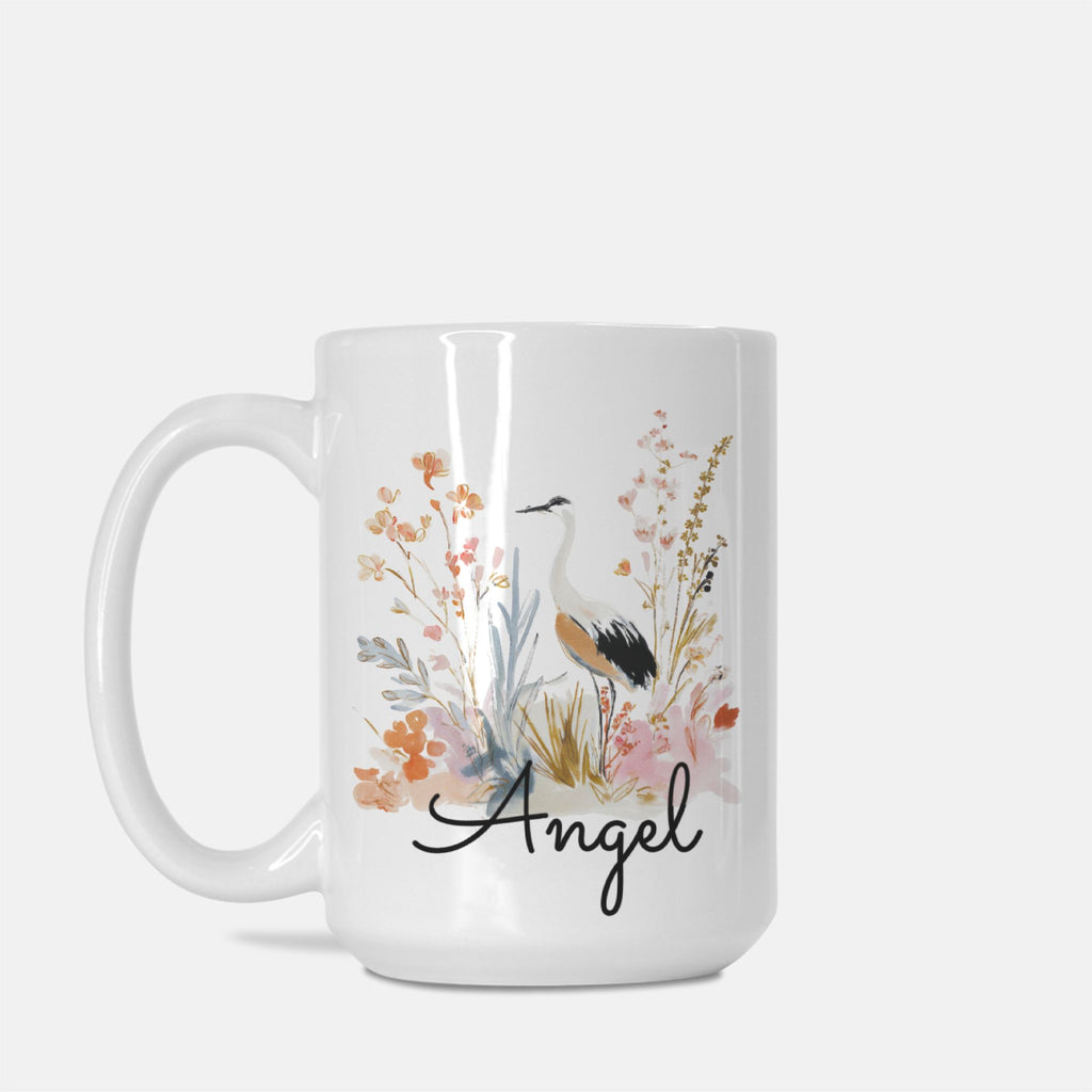 White mug with a bird illustration and 'Angel' text on a white background