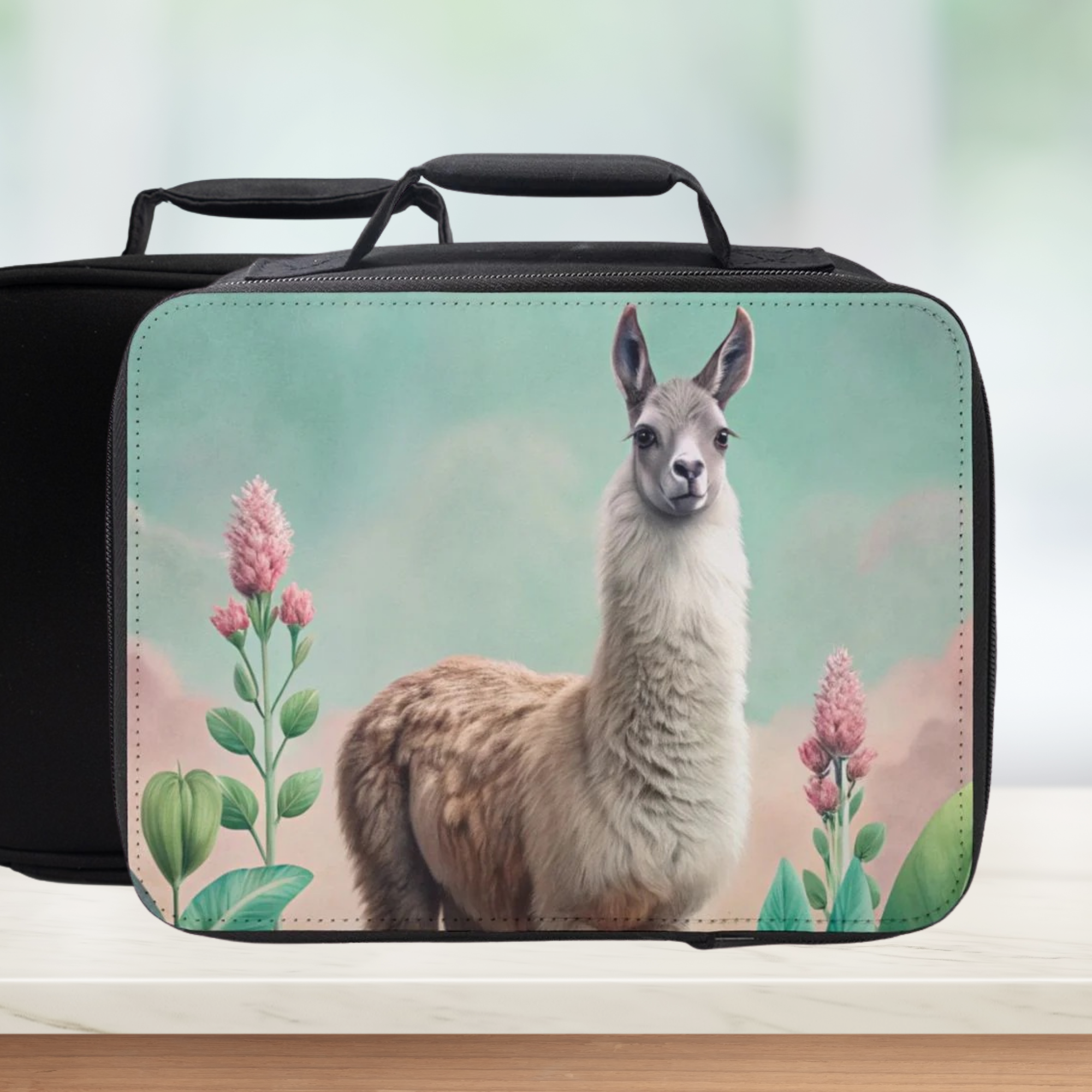 Black lunch bag with a llama and floral design on a light background