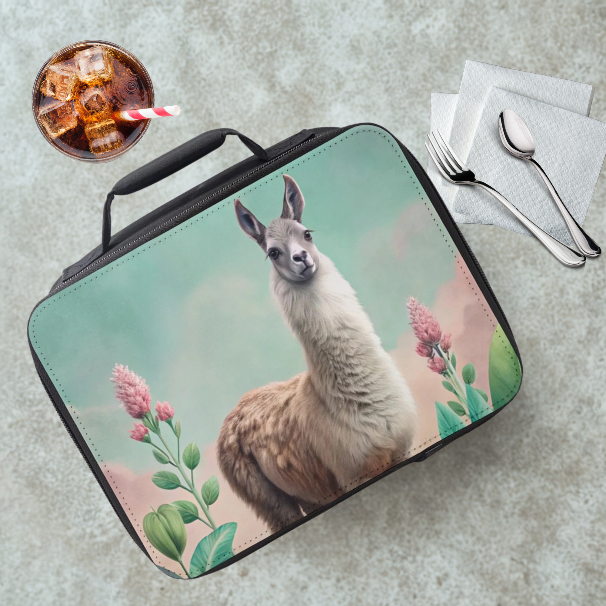  insulated lunch bag with llama design on a table with a drink and utensils