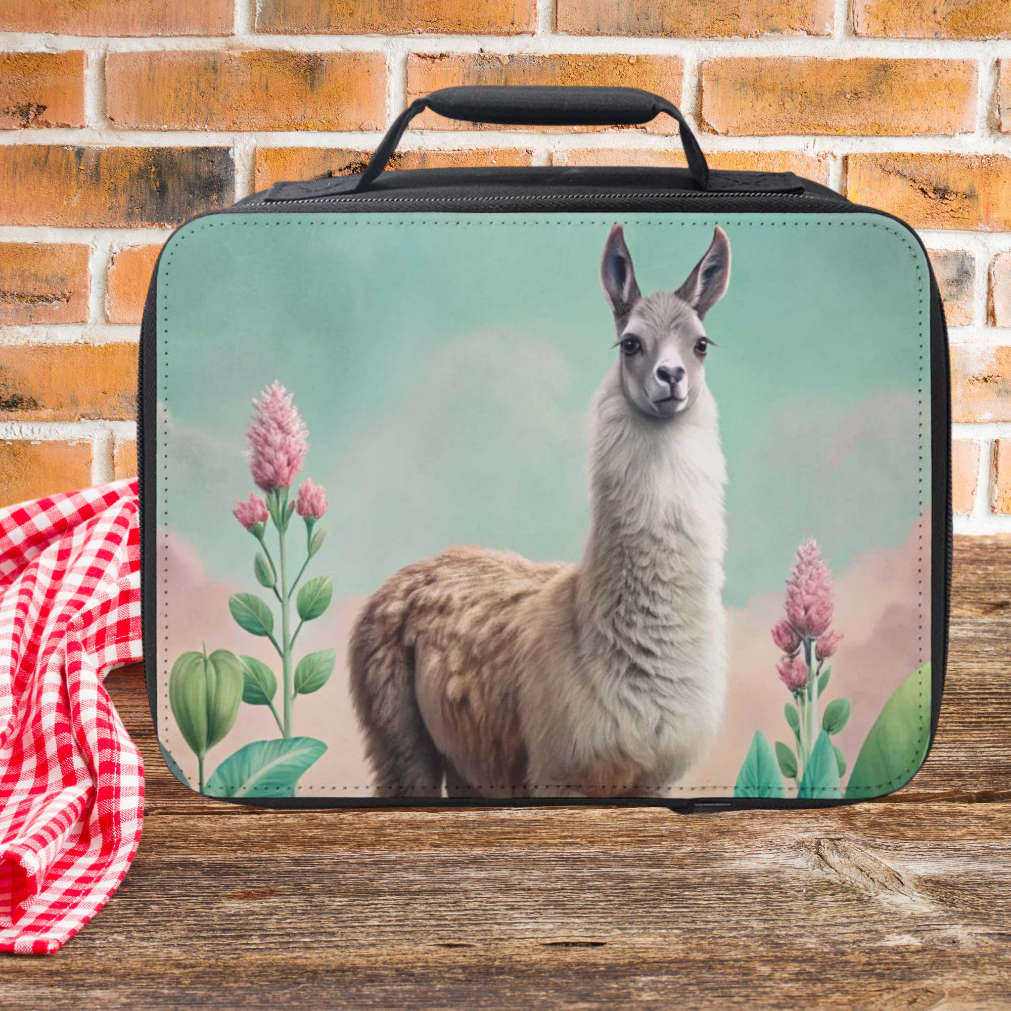  insulated lunch bag with a llama design on a wooden picnic table with a brick wall background