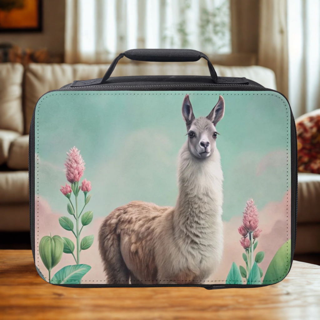 Lunch bag with a llama design on a wooden table in a cozy living room