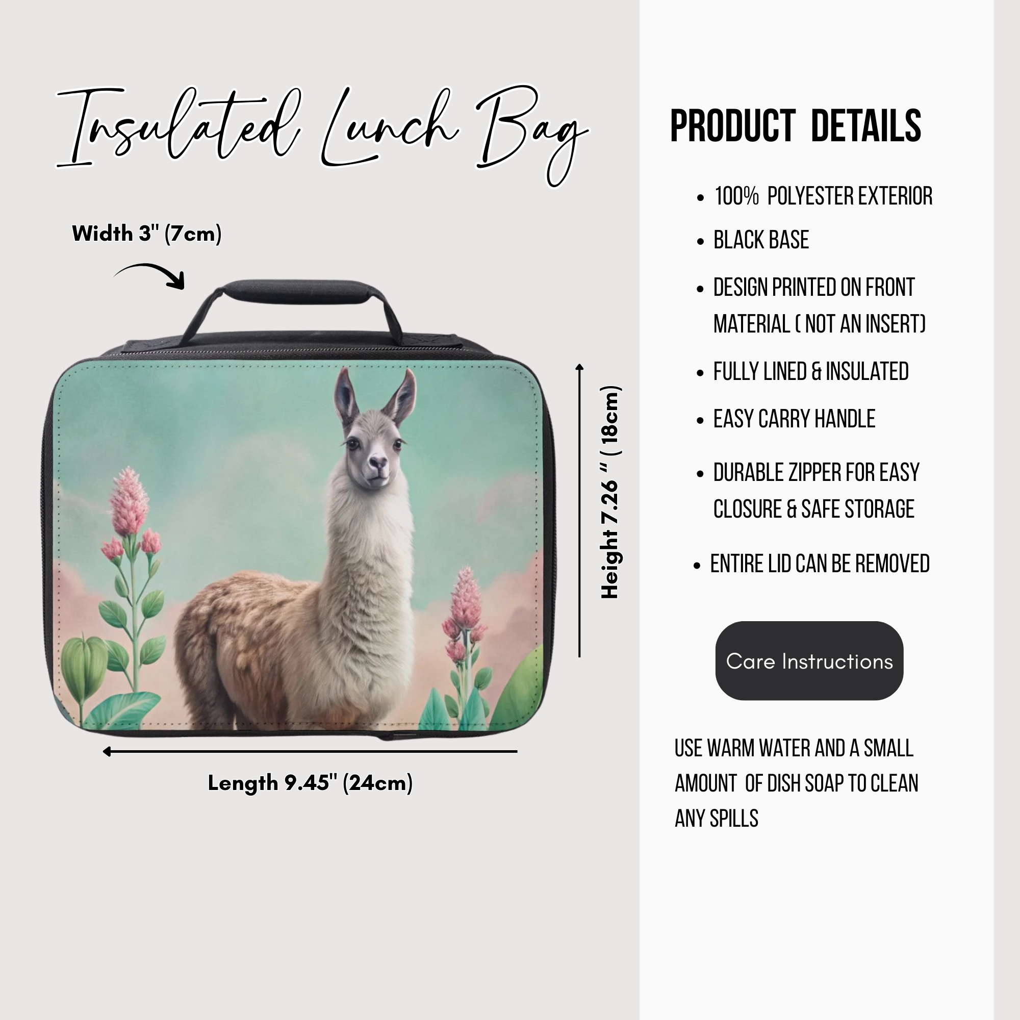 Insulated lunch bag with llama design and product details on a white background