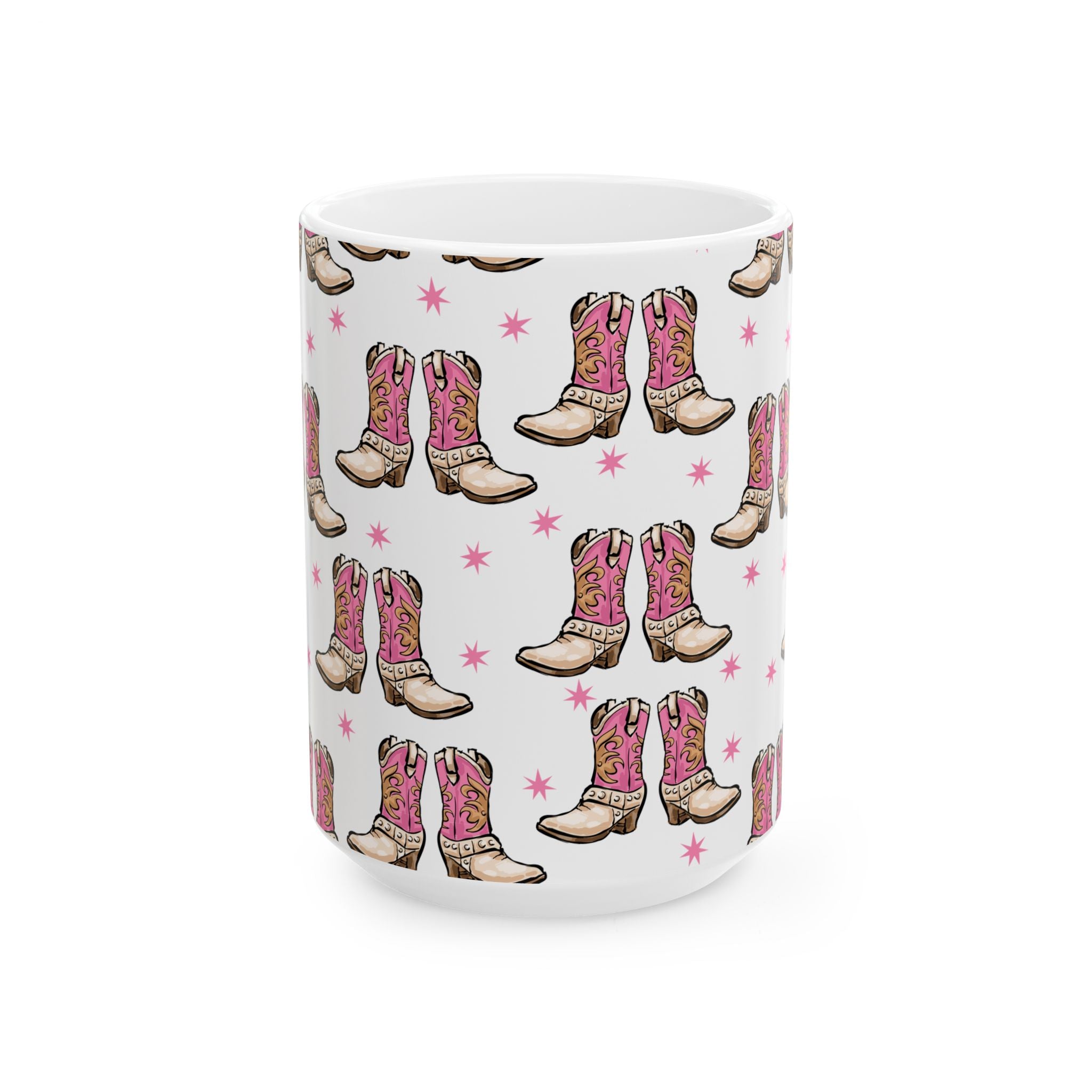 Front of 15 oz. White mug with pink cowboy boots pattern on a white background