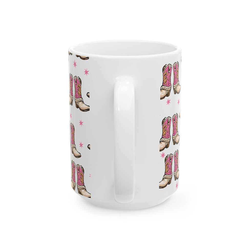 Back of 15 oz. White mug with pink cowboy boot pattern on a white background