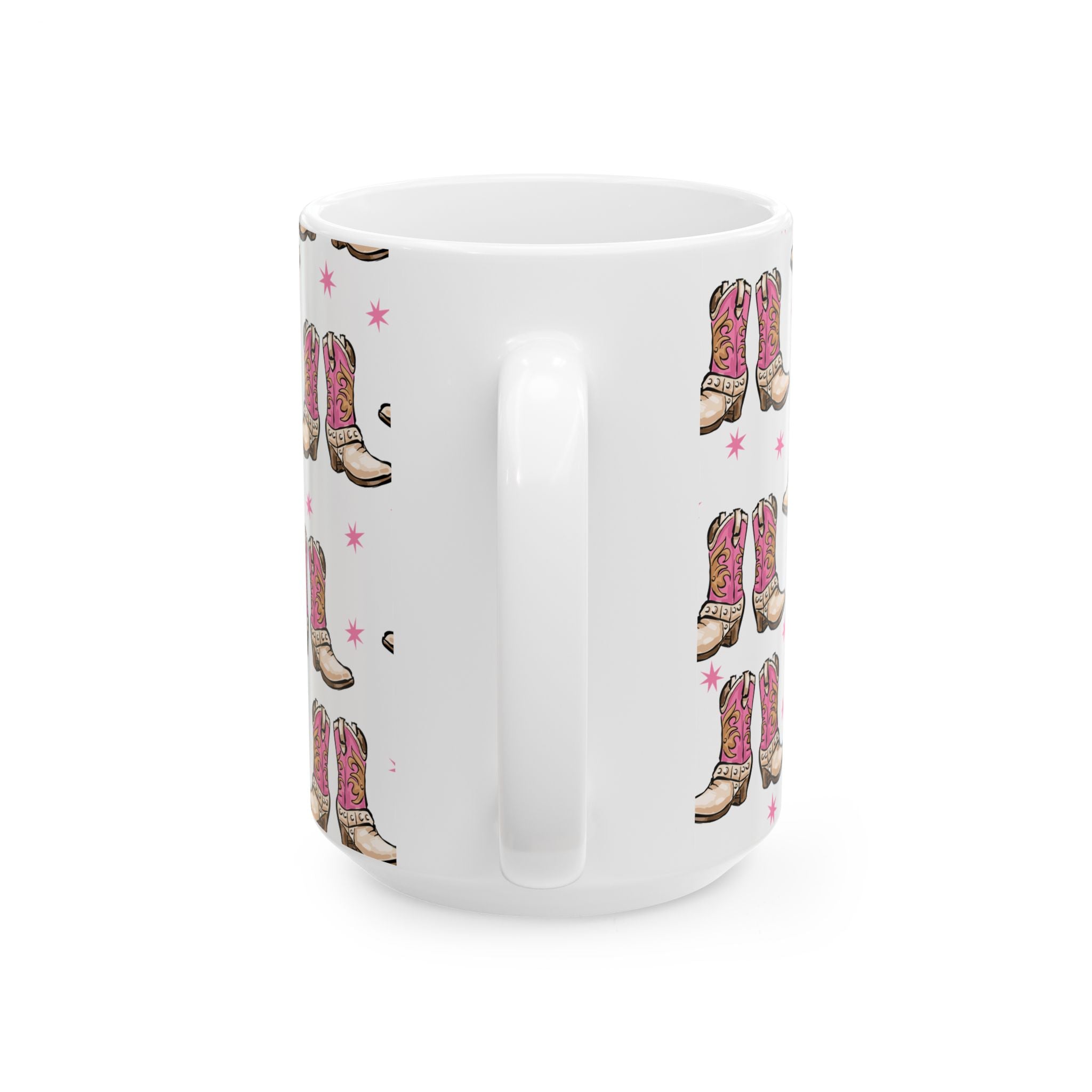 Back of 15 oz. White mug with pink cowboy boot pattern on a white background