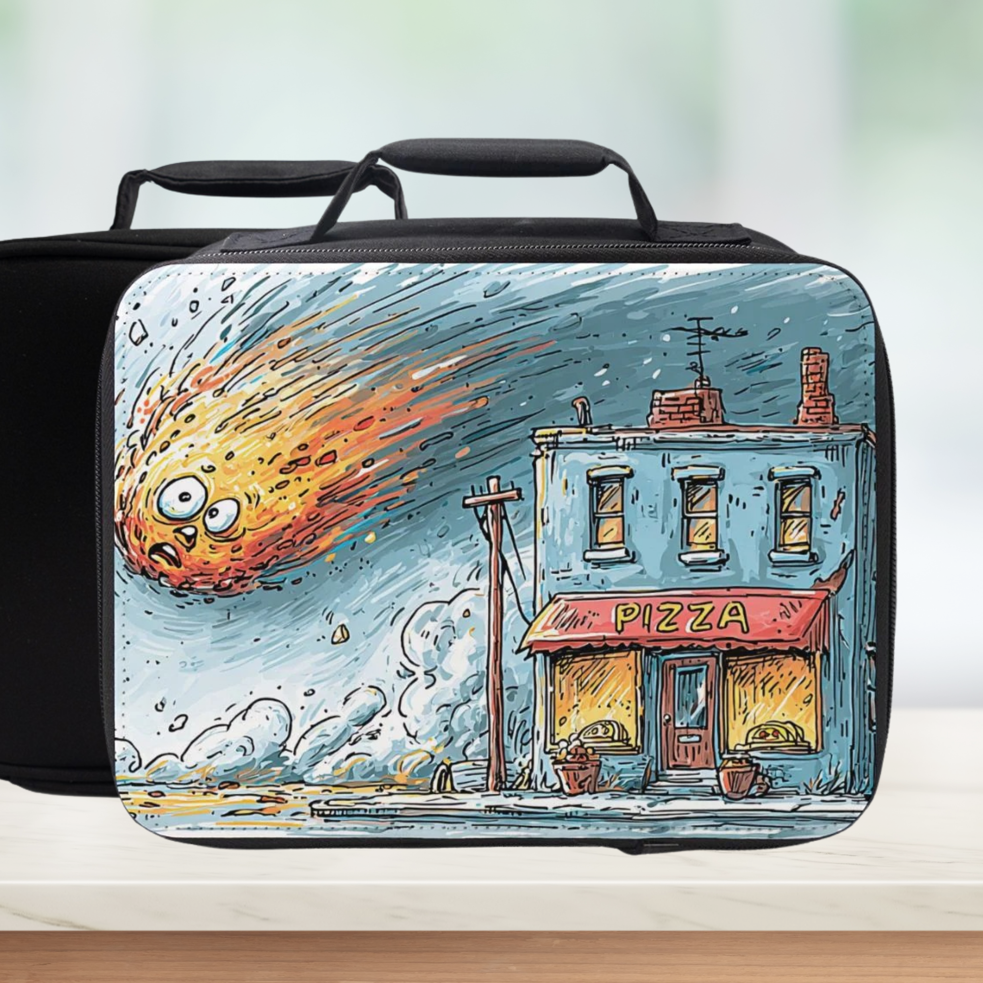  insulated lunch bag with a pizza shop and meteor design