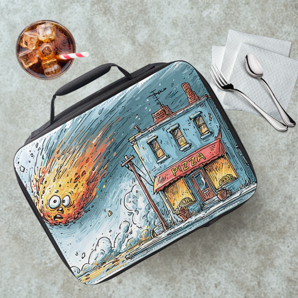  insulated lunch bag with pizza shop and meteor design on a cafeteria table with a drink and utensils.