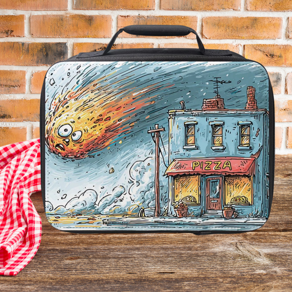 Lunch bag with a cartoon design of a pizza shop and meteor on a brick wall background