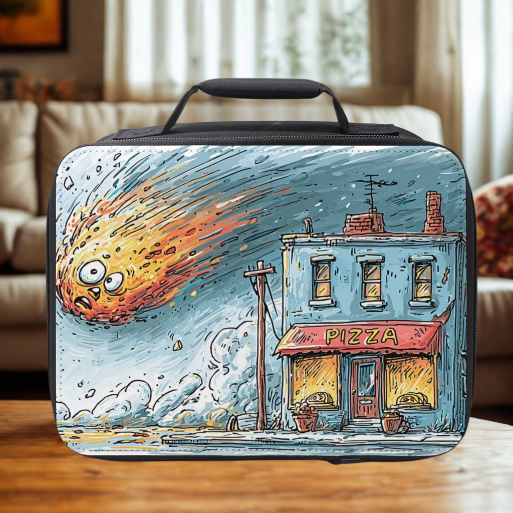  insulated lunch bag with a cartoon design of a pizza shop and meteor on a wooden table in a cozy living room.