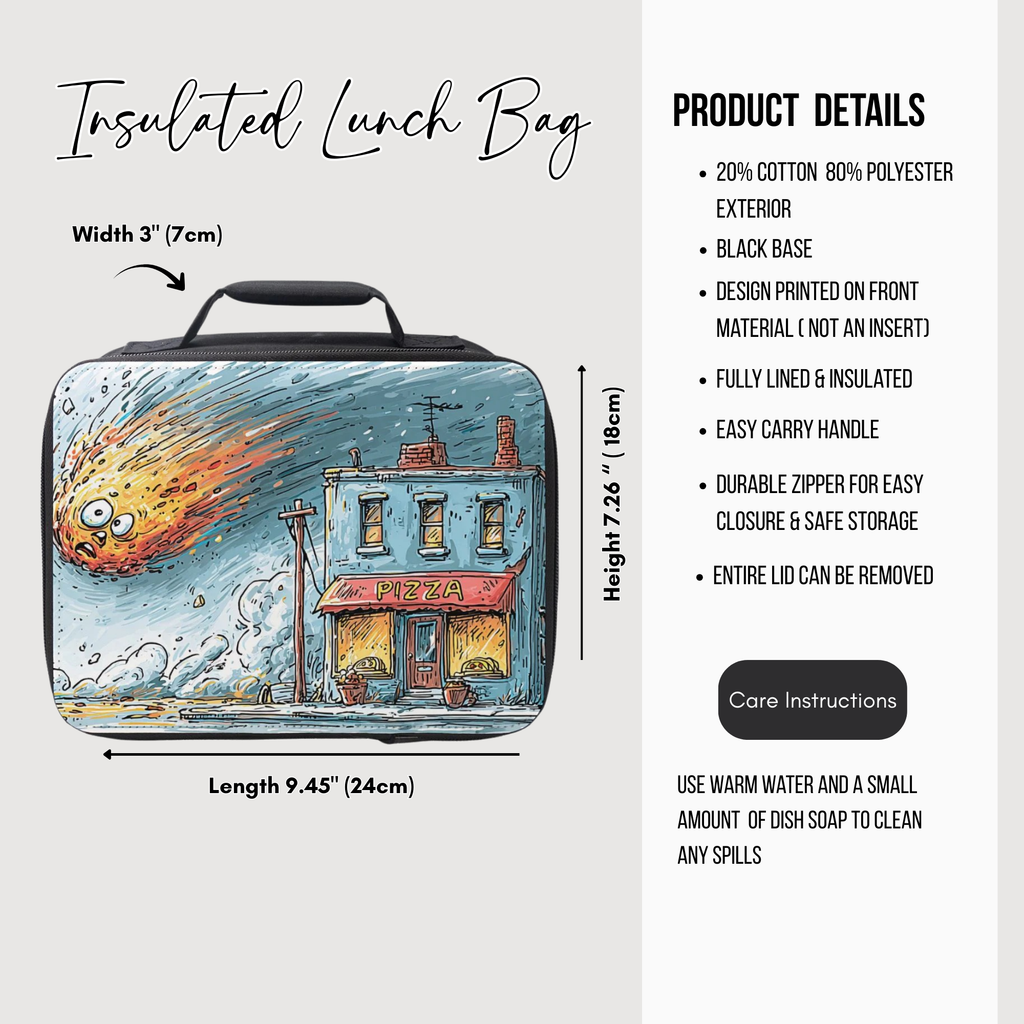 Insulated lunch bag with a pizza shop and meteor design, featuring product details on a white background.